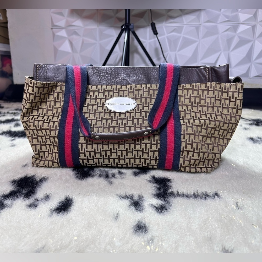 Tommy Hilfiger Women’s Y2K Vintage Brown and Red Large Canvas Monogram Tote Bag